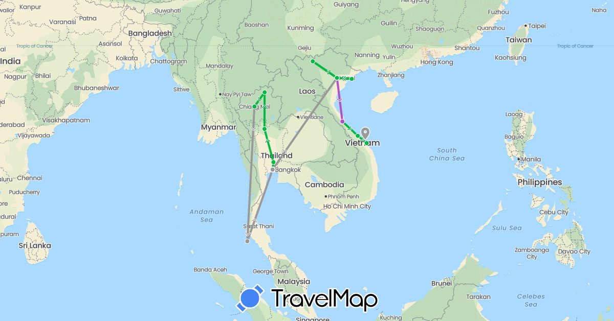 TravelMap itinerary: driving, bus, plane, train in Thailand, Vietnam (Asia)